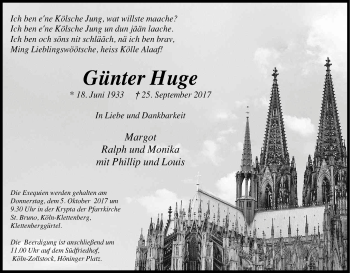 Anzeige von Günter Huge von Kölner Stadt-Anzeiger / Kölnische Rundschau / Express