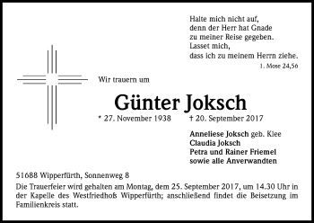 Anzeige von Günter Joksch von Kölner Stadt-Anzeiger / Kölnische Rundschau / Express