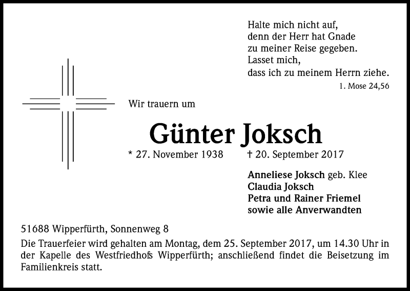  Traueranzeige für Günter Joksch vom 22.09.2017 aus Kölner Stadt-Anzeiger / Kölnische Rundschau / Express