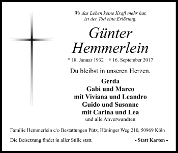 Anzeige von Günter hemmerlein von Kölner Stadt-Anzeiger / Kölnische Rundschau / Express