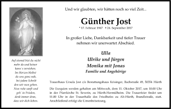 Anzeige von Günther Jost von Kölner Stadt-Anzeiger / Kölnische Rundschau / Express