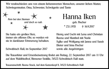 Anzeige von Hanna Iken von Kölner Stadt-Anzeiger / Kölnische Rundschau / Express