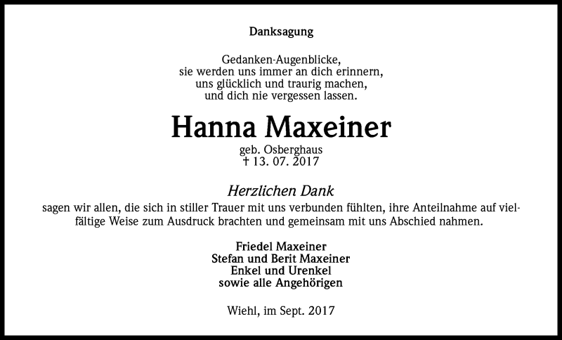  Traueranzeige für Hanna Maxeiner vom 08.09.2017 aus Kölner Stadt-Anzeiger / Kölnische Rundschau / Express