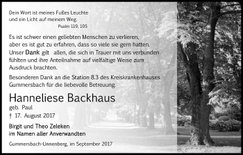 Anzeige von Hanneliese Backhaus von Kölner Stadt-Anzeiger / Kölnische Rundschau / Express
