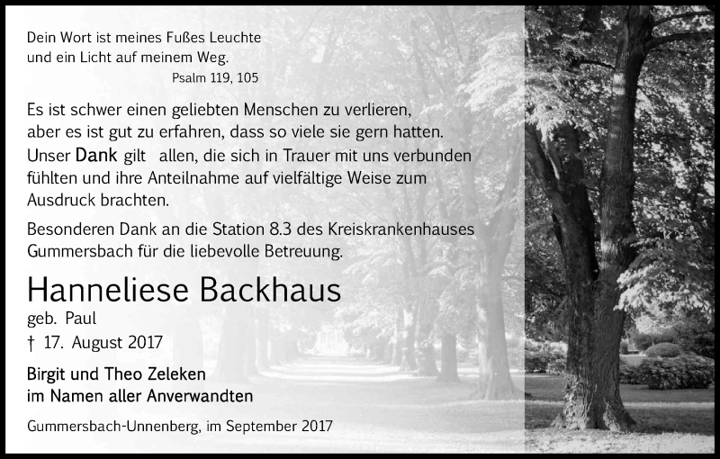  Traueranzeige für Hanneliese Backhaus vom 23.09.2017 aus Kölner Stadt-Anzeiger / Kölnische Rundschau / Express