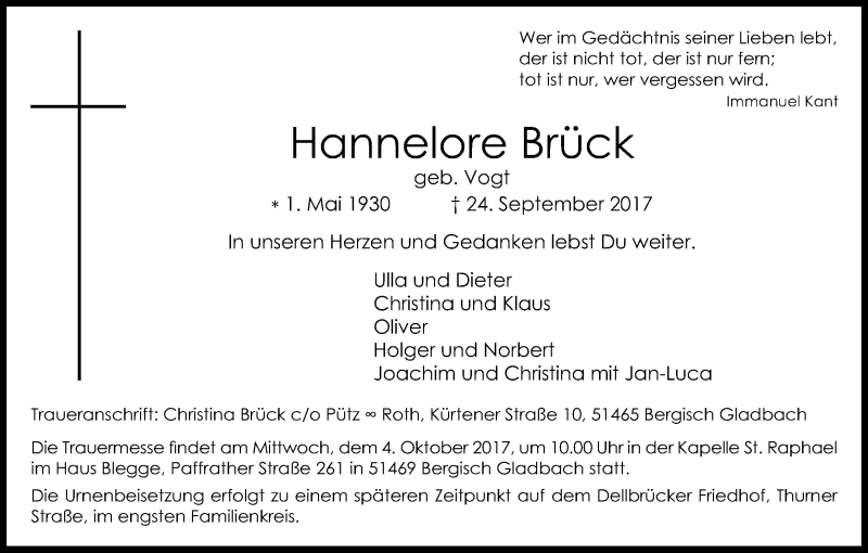  Traueranzeige für Hannelore Brück vom 30.09.2017 aus Kölner Stadt-Anzeiger / Kölnische Rundschau / Express