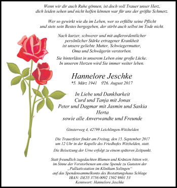 Anzeige von Hannelore Jeschke von Kölner Stadt-Anzeiger / Kölnische Rundschau / Express