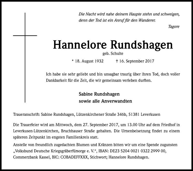  Traueranzeige für Hannelore Rundshagen vom 21.09.2017 aus Kölner Stadt-Anzeiger / Kölnische Rundschau / Express