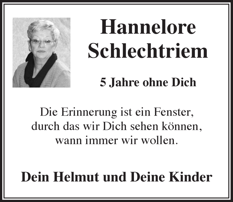  Traueranzeige für Hannelore Schlechtriem vom 20.09.2017 aus  Lokalanzeiger 