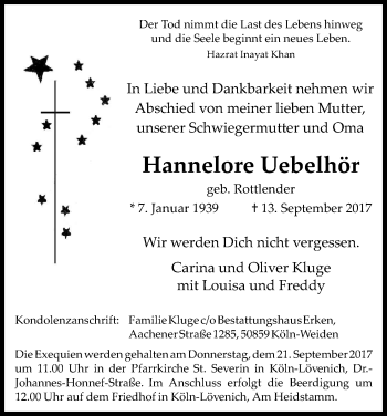Anzeige von Hannelore Uebelhör von Kölner Stadt-Anzeiger / Kölnische Rundschau / Express