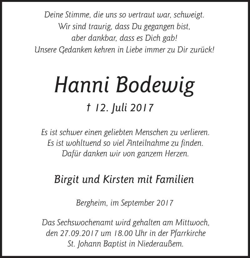  Traueranzeige für Hanni Bodewig vom 20.09.2017 aus  Werbepost 
