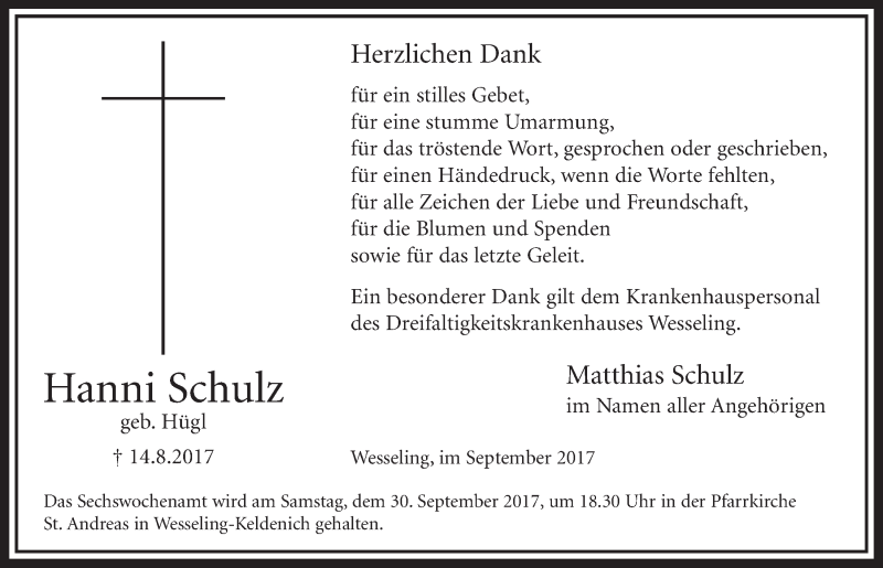  Traueranzeige für Hanni Schulz vom 27.09.2017 aus  Schlossbote/Werbekurier 