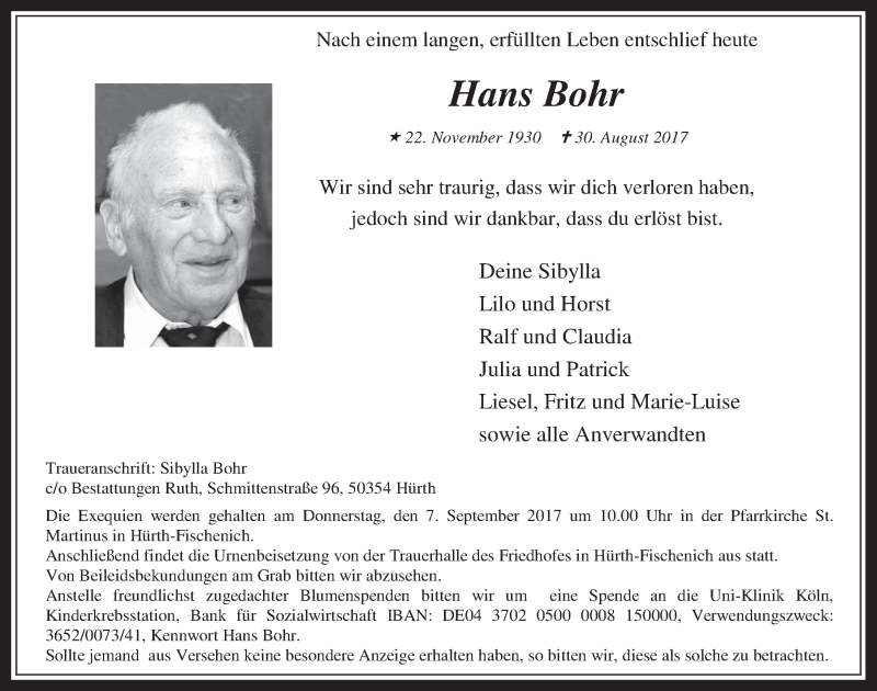  Traueranzeige für Hans Bohr vom 06.09.2017 aus  Wochenende 
