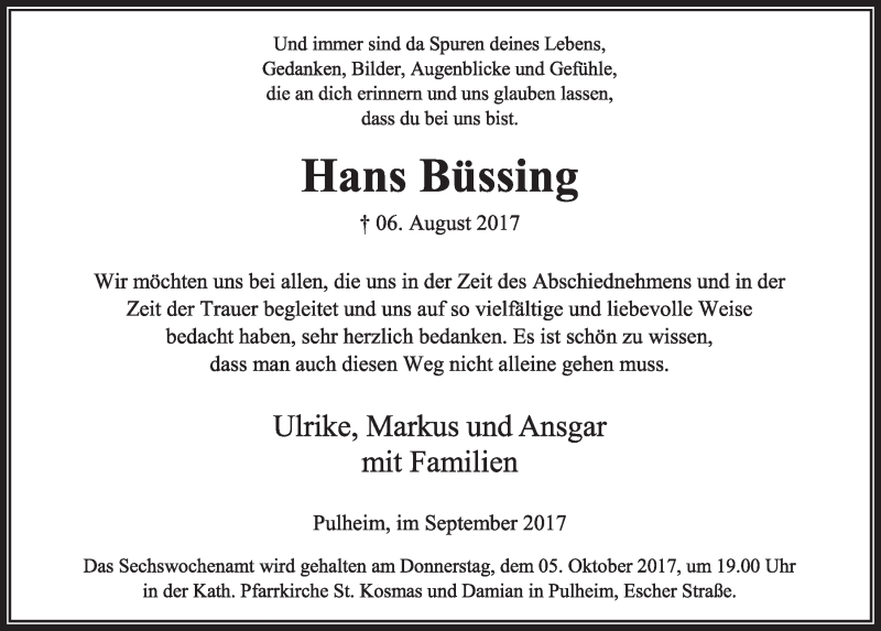  Traueranzeige für Hans Büssing vom 30.09.2017 aus  Sonntags-Post 
