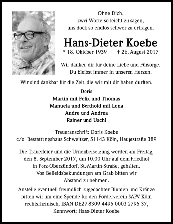 Anzeige von Hans-Dieter Koebe von Kölner Stadt-Anzeiger / Kölnische Rundschau / Express