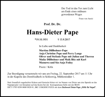 Anzeige von Hans-Dieter Pape von Kölner Stadt-Anzeiger / Kölnische Rundschau / Express