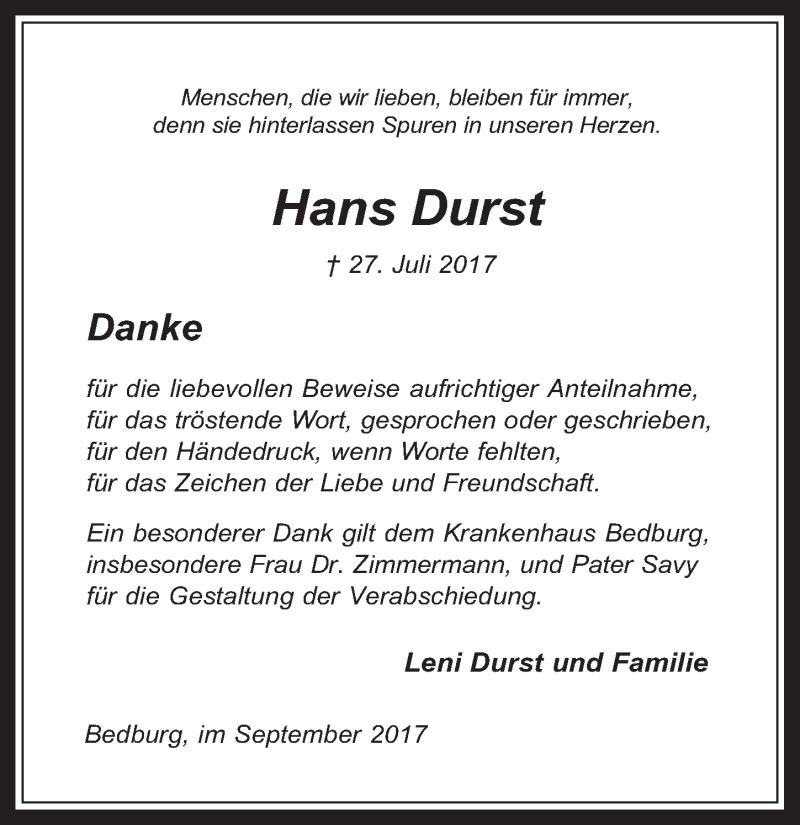  Traueranzeige für Hans Durst vom 13.09.2017 aus  Werbepost 