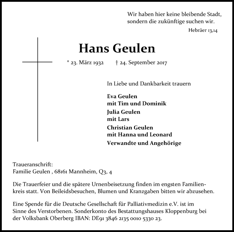  Traueranzeige für Hans Geulen vom 28.09.2017 aus Kölner Stadt-Anzeiger / Kölnische Rundschau / Express