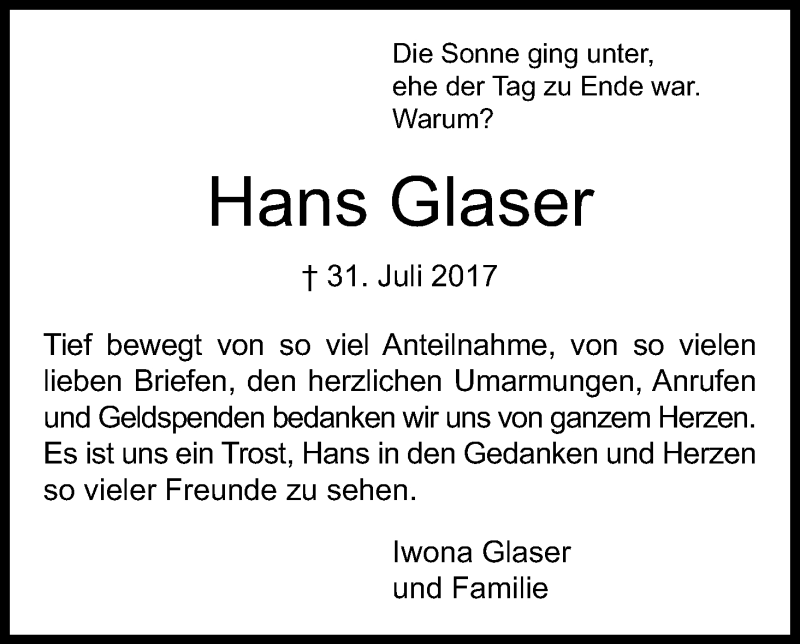  Traueranzeige für Hans Glaser vom 09.09.2017 aus Kölner Stadt-Anzeiger / Kölnische Rundschau / Express