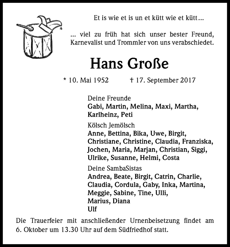  Traueranzeige für Hans Große vom 30.09.2017 aus Kölner Stadt-Anzeiger / Kölnische Rundschau / Express