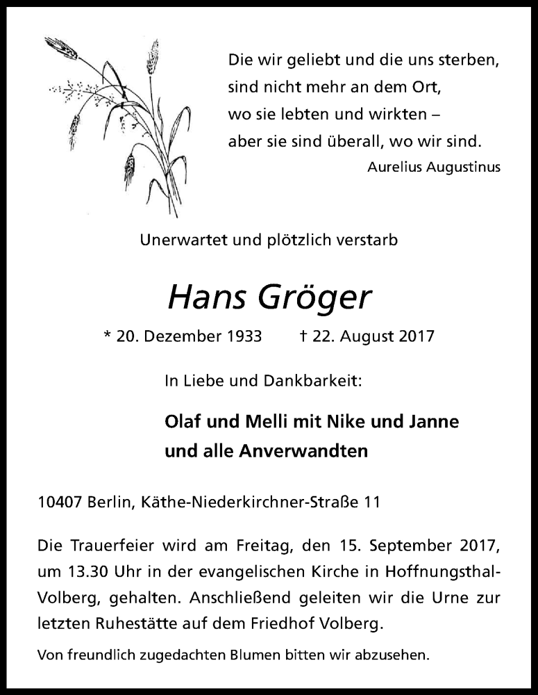  Traueranzeige für Hans Gröger vom 09.09.2017 aus Kölner Stadt-Anzeiger / Kölnische Rundschau / Express