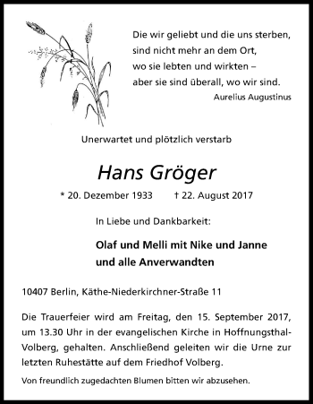 Anzeige von Hans Gröger von Kölner Stadt-Anzeiger / Kölnische Rundschau / Express