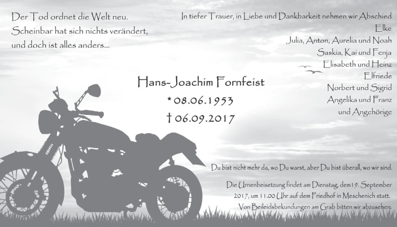  Traueranzeige für Hans-Joachim Formfeist vom 13.09.2017 aus  Schlossbote/Werbekurier 