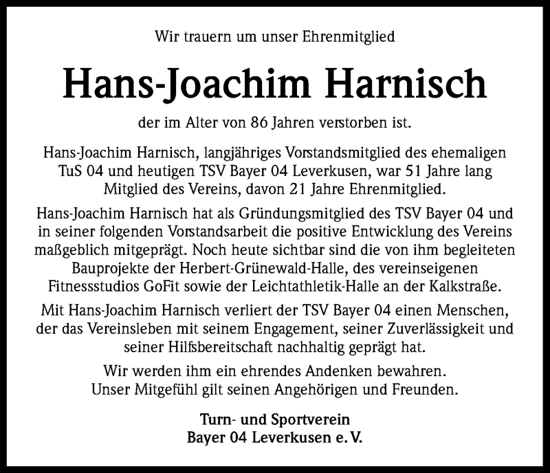  Traueranzeige für Hans-Joachim Harnisch vom 02.09.2017 aus Kölner Stadt-Anzeiger / Kölnische Rundschau / Express