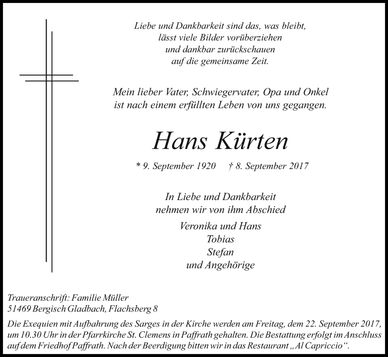 Traueranzeige für Hans Kürten vom 16.09.2017 aus Kölner Stadt-Anzeiger / Kölnische Rundschau / Express