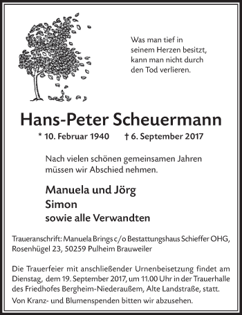 Anzeige von Hans-Peter Scheuermann von  Sonntags-Post 