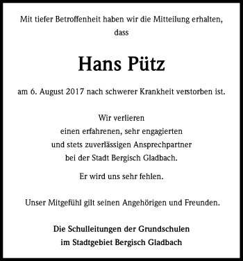 Anzeige von Hans Pütz von Kölner Stadt-Anzeiger / Kölnische Rundschau / Express