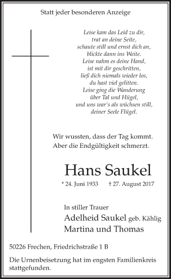 Anzeige von Hans Saukel von  Sonntags-Post 