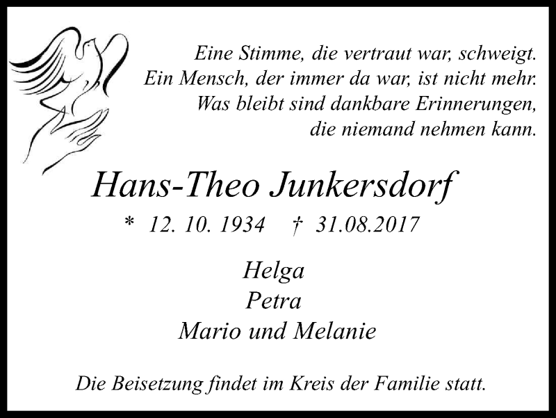  Traueranzeige für Hans-Theo Junkersdorf vom 09.09.2017 aus Kölner Stadt-Anzeiger / Kölnische Rundschau / Express