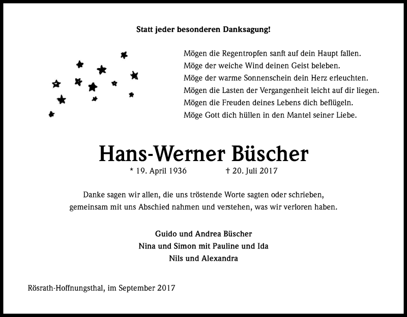  Traueranzeige für Hans-Werner Büscher vom 02.09.2017 aus Kölner Stadt-Anzeiger / Kölnische Rundschau / Express
