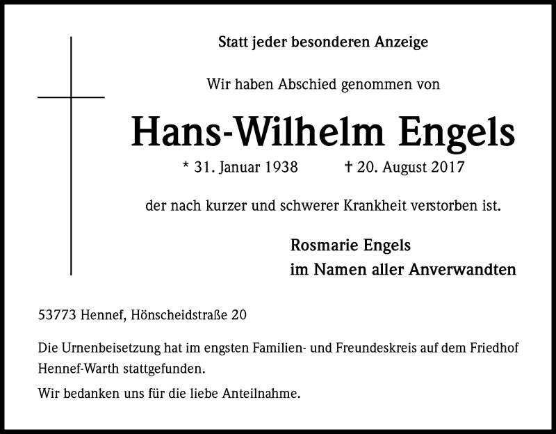  Traueranzeige für Hans-Werner Engels vom 02.09.2017 aus Kölner Stadt-Anzeiger / Kölnische Rundschau / Express