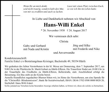 Anzeige von Hans-Willi Enkel von Kölner Stadt-Anzeiger / Kölnische Rundschau / Express