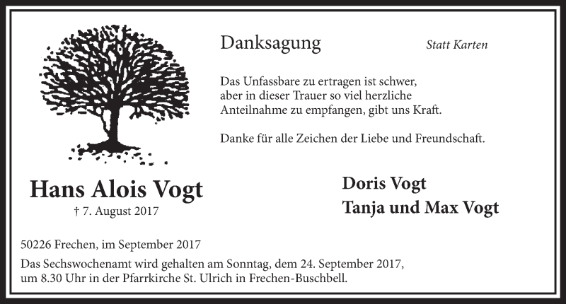  Traueranzeige für Hans Alois Vogt vom 16.09.2017 aus  Sonntags-Post 