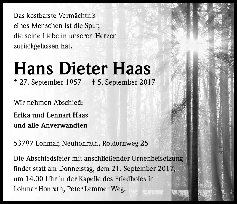  Traueranzeige für Hans Dieter Haas vom 09.09.2017 aus Kölner Stadt-Anzeiger / Kölnische Rundschau / Express