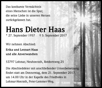 Anzeige von Hans Dieter Haas von Kölner Stadt-Anzeiger / Kölnische Rundschau / Express