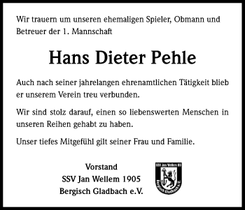 Anzeige von Hans Dieter Pehle von Kölner Stadt-Anzeiger / Kölnische Rundschau / Express