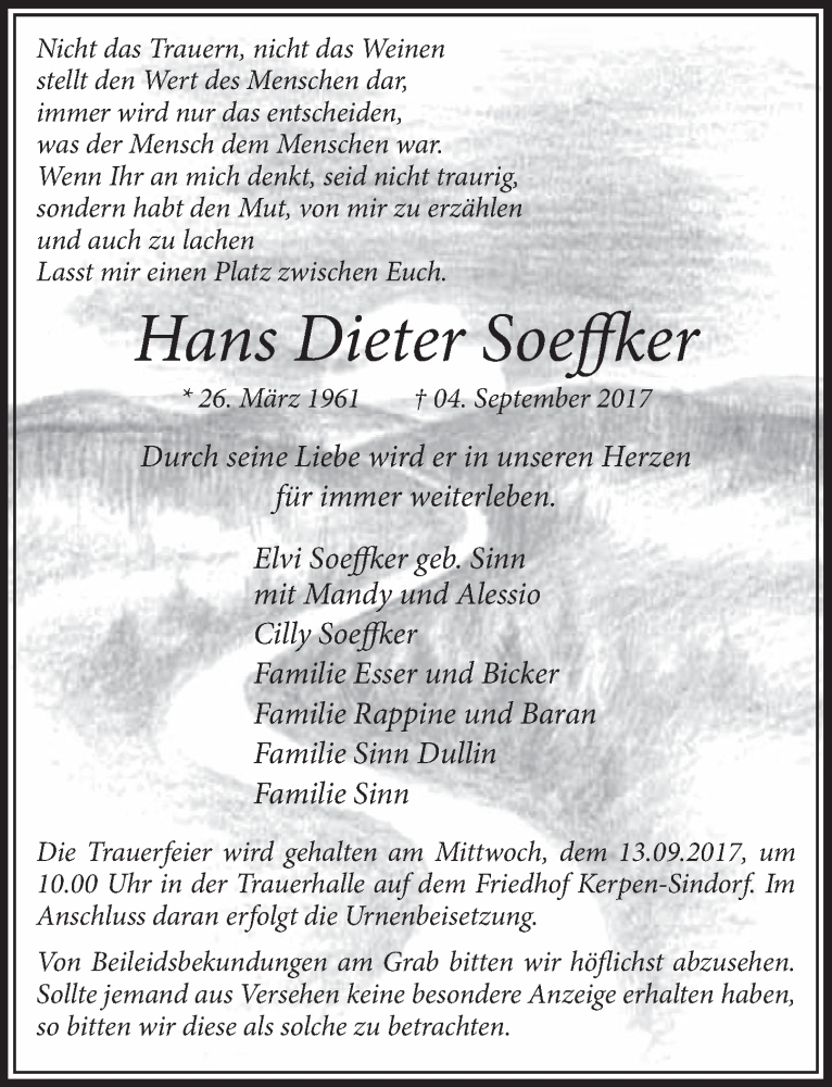  Traueranzeige für Hans Dieter Soeffker vom 09.09.2017 aus  Sonntags-Post 
