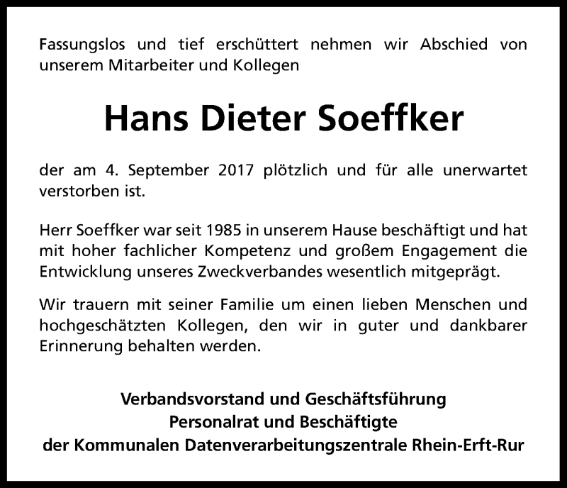  Traueranzeige für Hans Dieter Soeffker vom 09.09.2017 aus Kölner Stadt-Anzeiger / Kölnische Rundschau / Express