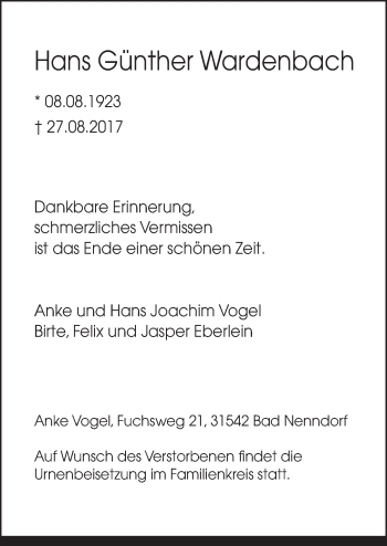 Anzeige von Hans Günther Wardenbach von  Anzeigen Echo 