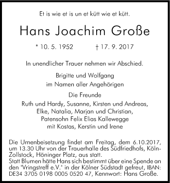 Anzeige von Hans Joachim Große von Kölner Stadt-Anzeiger / Kölnische Rundschau / Express