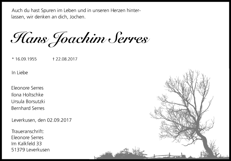  Traueranzeige für Hans Joachim Serres vom 02.09.2017 aus Kölner Stadt-Anzeiger / Kölnische Rundschau / Express
