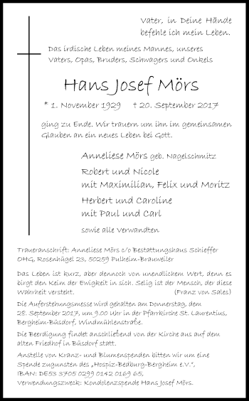 Anzeige von Hans Josef Mörs von Kölner Stadt-Anzeiger / Kölnische Rundschau / Express