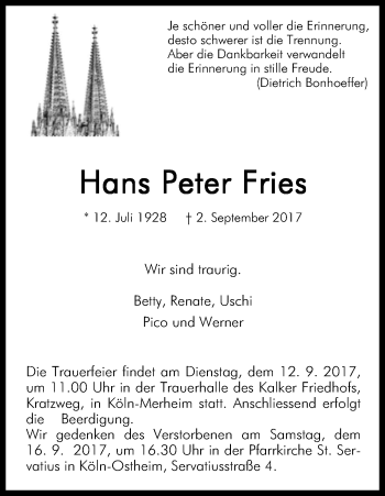 Anzeige von Hans Peter Fries von Kölner Stadt-Anzeiger / Kölnische Rundschau / Express