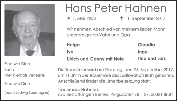Anzeige von Hans Peter Hahnen von  Schlossbote/Werbekurier 