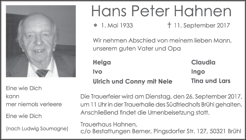  Traueranzeige für Hans Peter Hahnen vom 20.09.2017 aus  Schlossbote/Werbekurier 