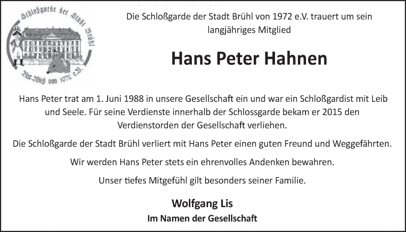 Traueranzeige für Hans Peter Hahnen vom 20.09.2017 aus  Schlossbote/Werbekurier 